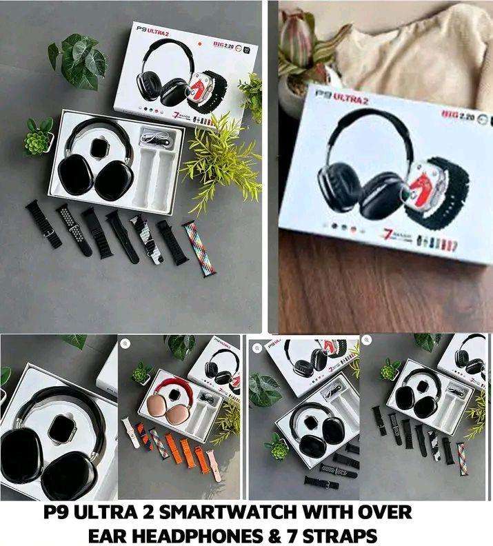 P9 Ultra 2 smartwatch with overear headphones and 7 straps