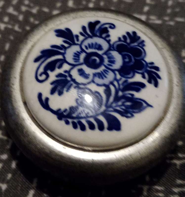 Vintage Real Dutch Pewter Pill Box with Blue & White Ceramic Flower Decorative Lid