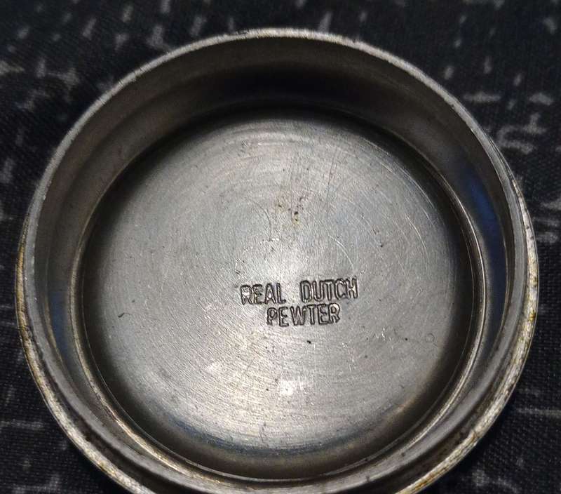 Vintage Real Dutch Pewter Pill Box with Blue & White Ceramic Flower Decorative Lid