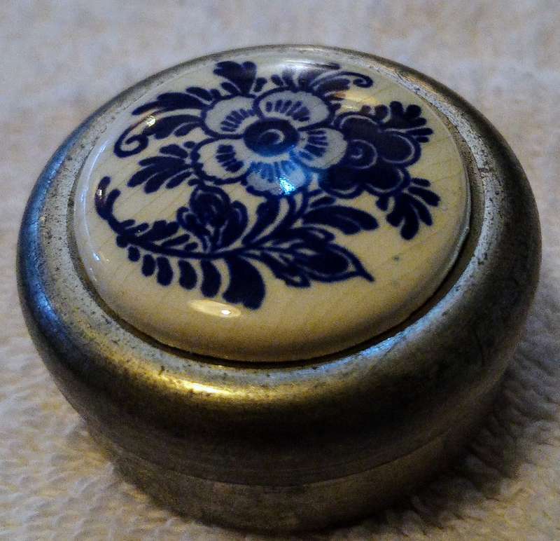 Vintage Real Dutch Pewter Pill Box with Blue & White Ceramic Flower Decorative Lid