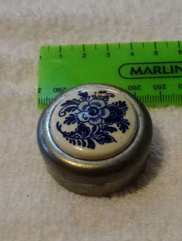 Vintage Real Dutch Pewter Pill Box with Blue & White Ceramic Flower Decorative Lid