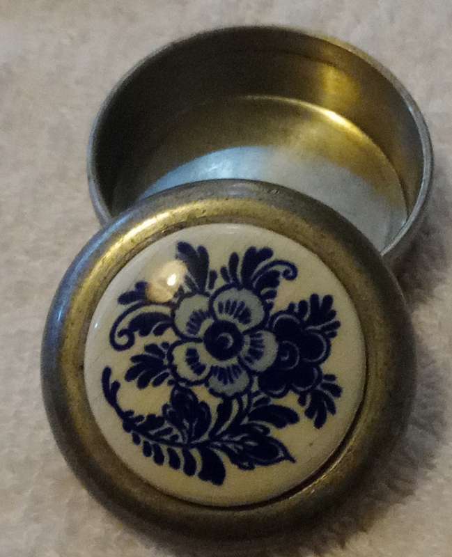 Vintage Real Dutch Pewter Pill Box with Blue & White Ceramic Flower Decorative Lid