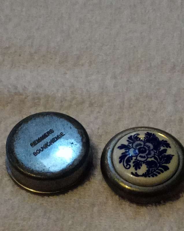 Vintage Real Dutch Pewter Pill Box with Blue & White Ceramic Flower Decorative Lid