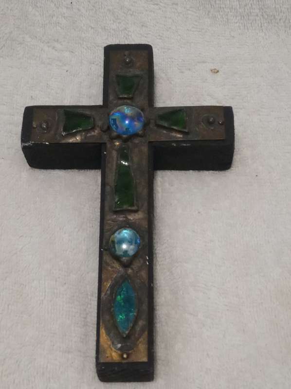 Beautiful Mosaic Wooden Cross with Green Stones