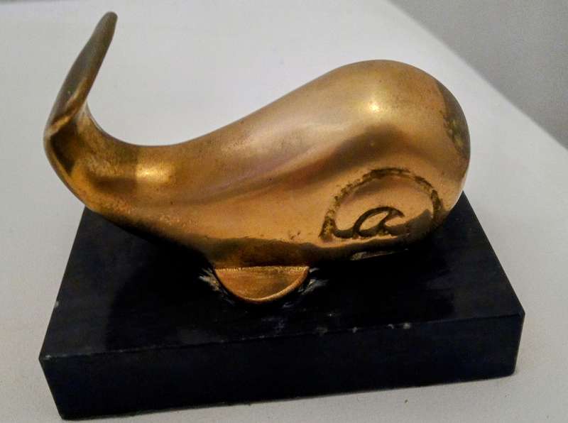 Vintage Small Brass Whale Figurine On Stone Stand Paperweight