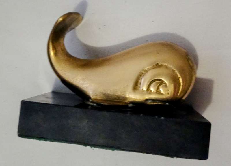 Vintage Small Brass Whale Figurine On Stone Stand Paperweight