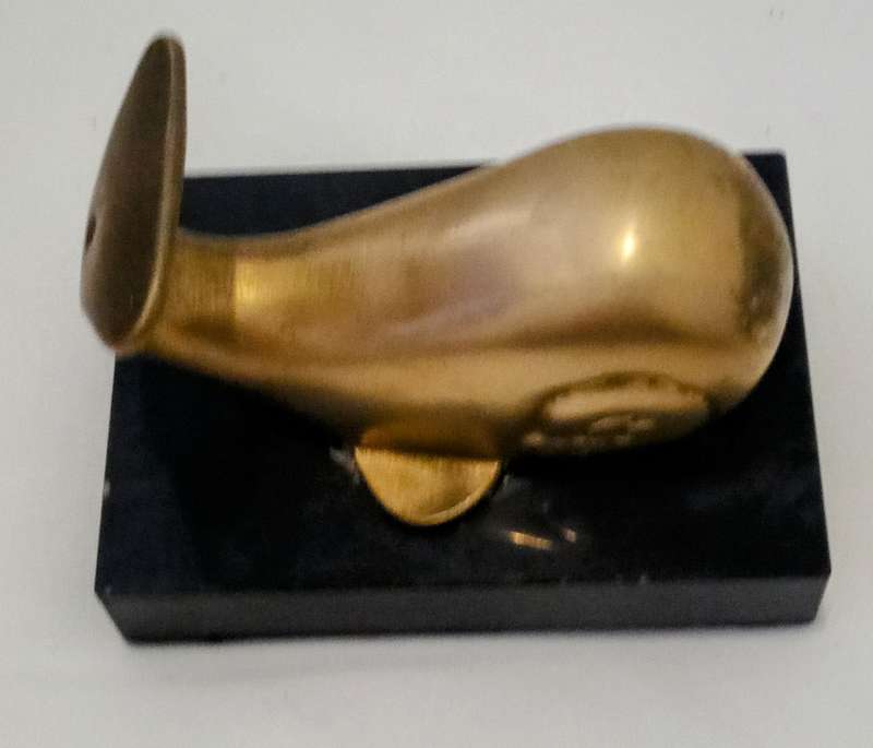Vintage Small Brass Whale Figurine On Stone Stand Paperweight