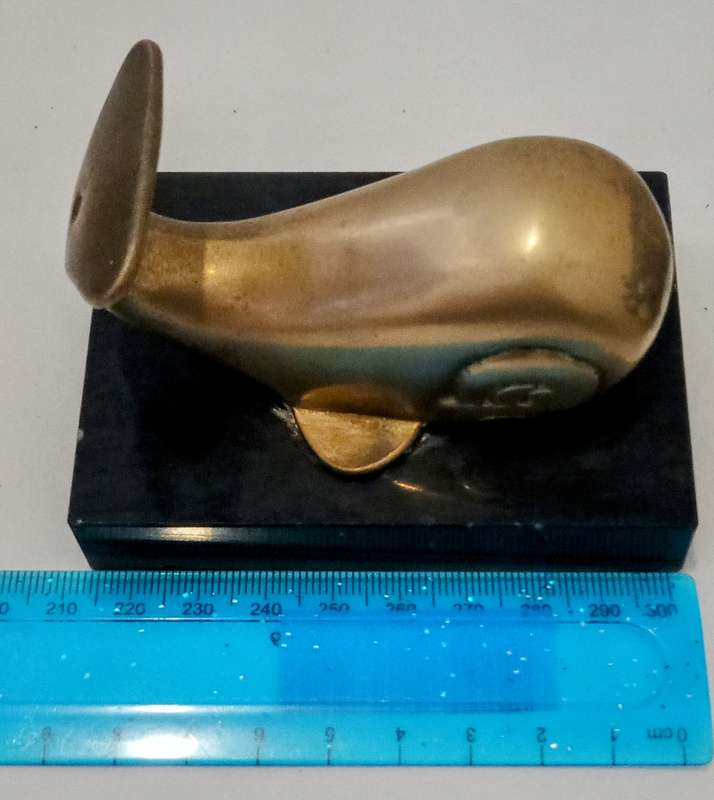 Vintage Small Brass Whale Figurine On Stone Stand Paperweight