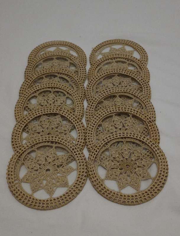 Vintage Round Glass and Crochet Coasters, Dinks Cup Mat Set. Coaster set of 12. Granny's Style