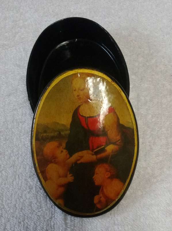 2X Vintage Collectable Trinket boxes featuring Madonna Jesus John the Baptist Renaissance painting.