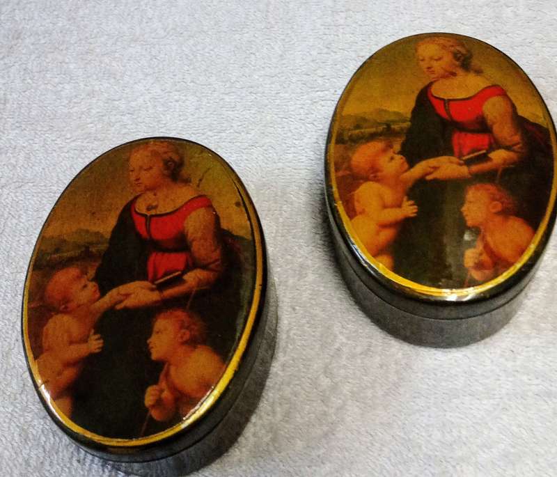 2X Vintage Collectable Trinket boxes featuring Madonna Jesus John the Baptist Renaissance painting.