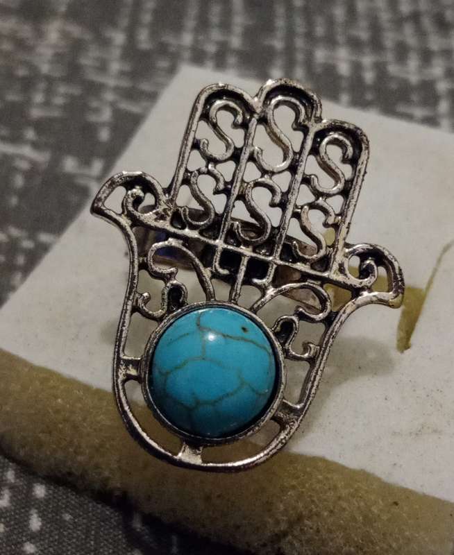 Beautiful Silver Tone and Turquoise stone, Hamza Ring with Gift Box