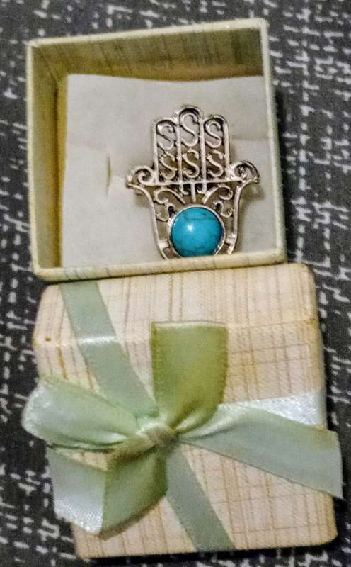 Beautiful Silver Tone and Turquoise stone, Hamza Ring with Gift Box