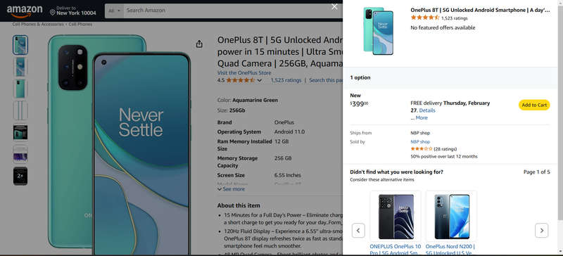 OnePlus 8T 12+256GB Global version - Lunar Silver + Box and extras