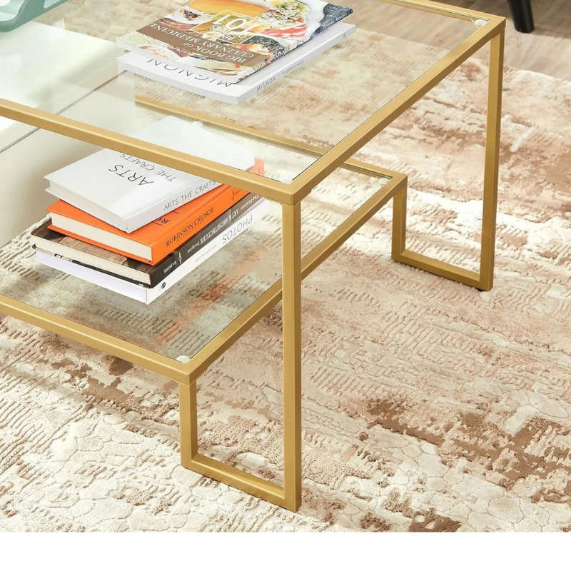 KC Tempered Glass Coffee Table with 2 Shelves, Steel Frame, Gold