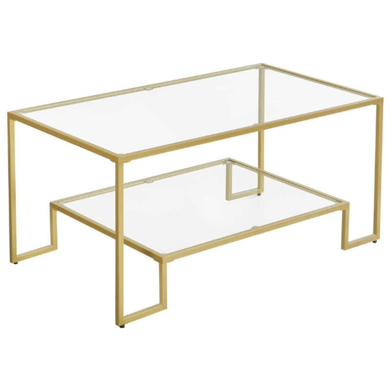 KC Tempered Glass Coffee Table with 2 Shelves, Steel Frame, Gold