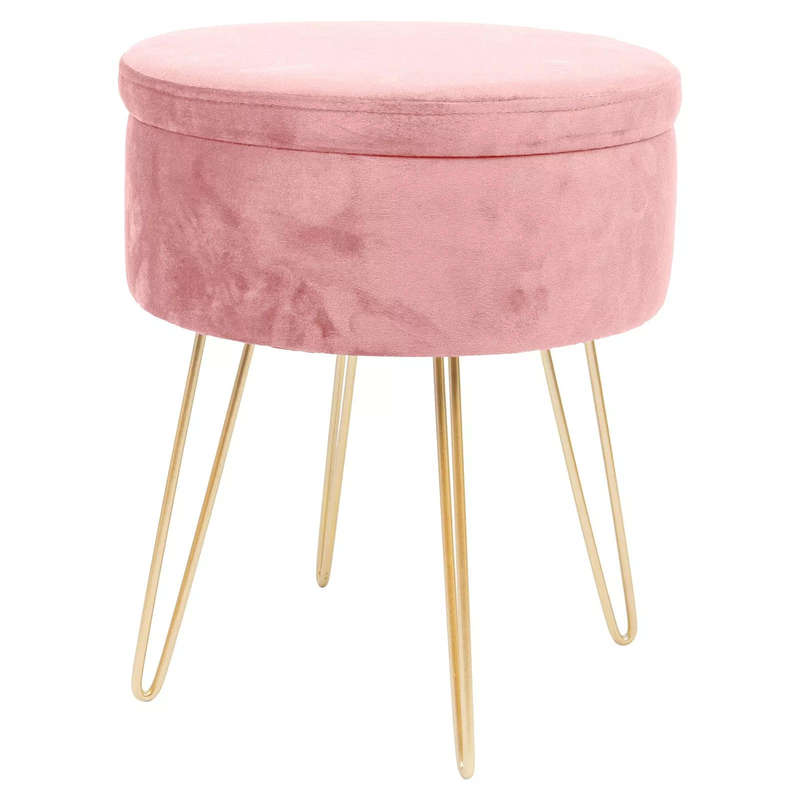 Pink and Gold Round Velvet Storage Footstool Ottoman