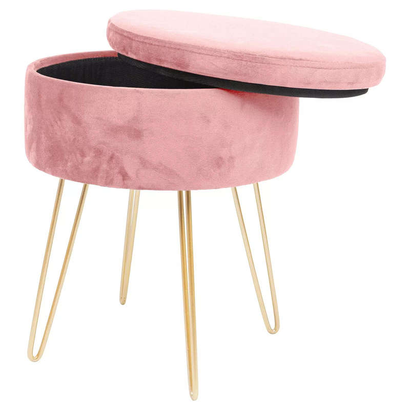 Pink and Gold Round Velvet Storage Footstool Ottoman