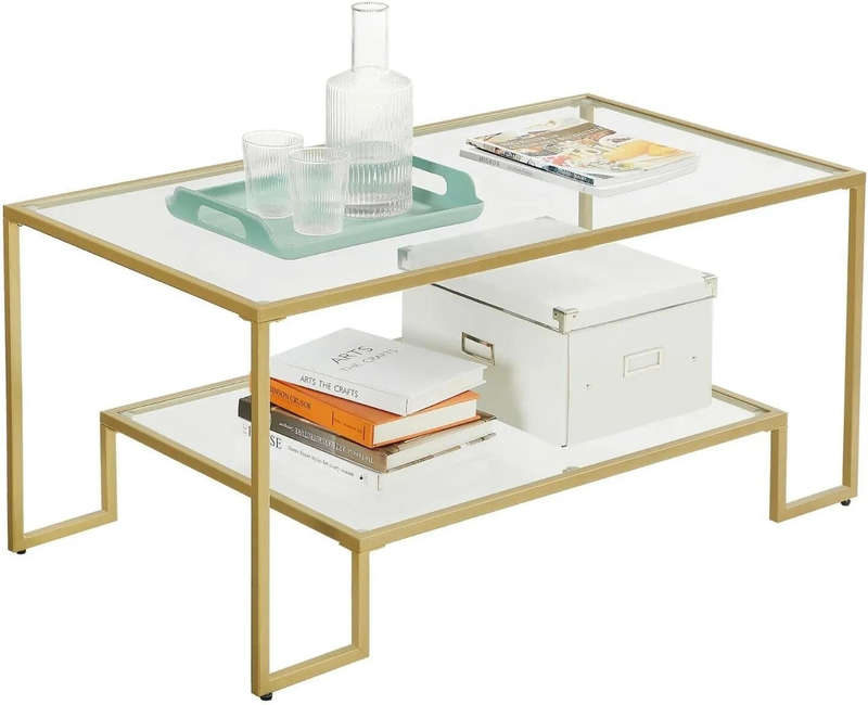 KC Tempered Glass Coffee Table with 2 Shelves, Steel Frame, Gold