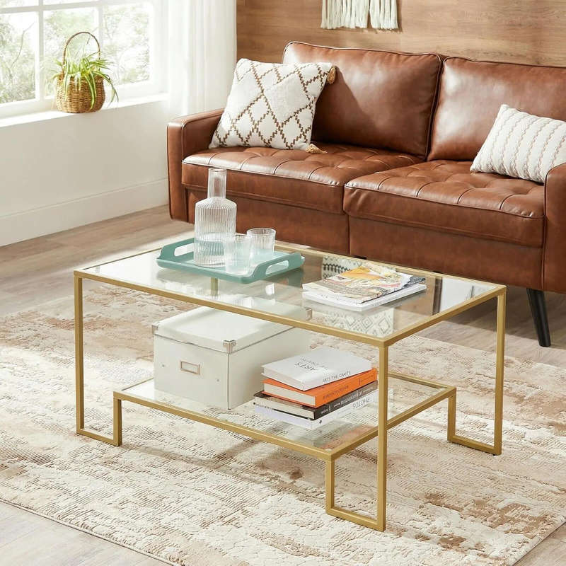 KC Tempered Glass Coffee Table with 2 Shelves, Steel Frame, Gold