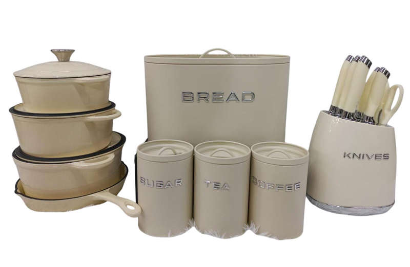COOKWARE COMBO RED,BLACK,GRAY AND CREAM WHITE