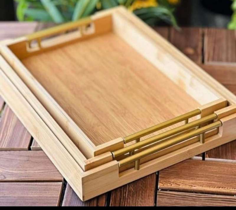 3pc WOODEN TRAY with gold handle