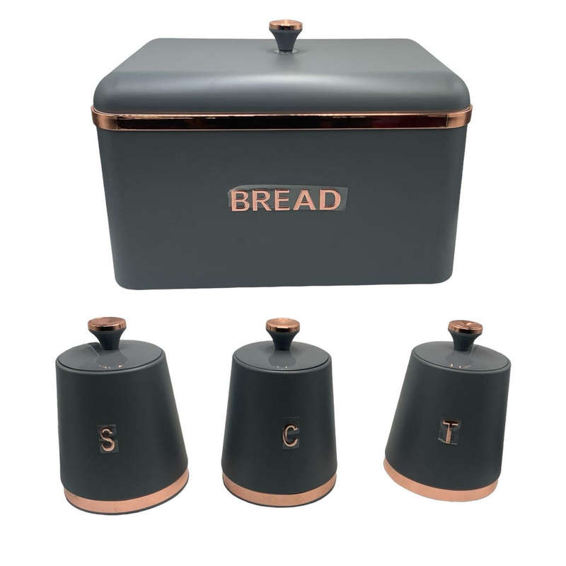 Breadbin and Cannister 4 Piece Set  - Grey & Rose Gold