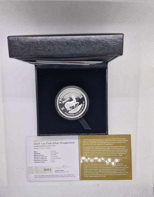 2024 1oz Fine-Silver Krugerrand (Johannesburg coin fare, privy)