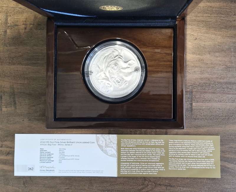 2022 Africa's Big Five - Rhino 5oz Fine Silver Brilliant Uncirculated