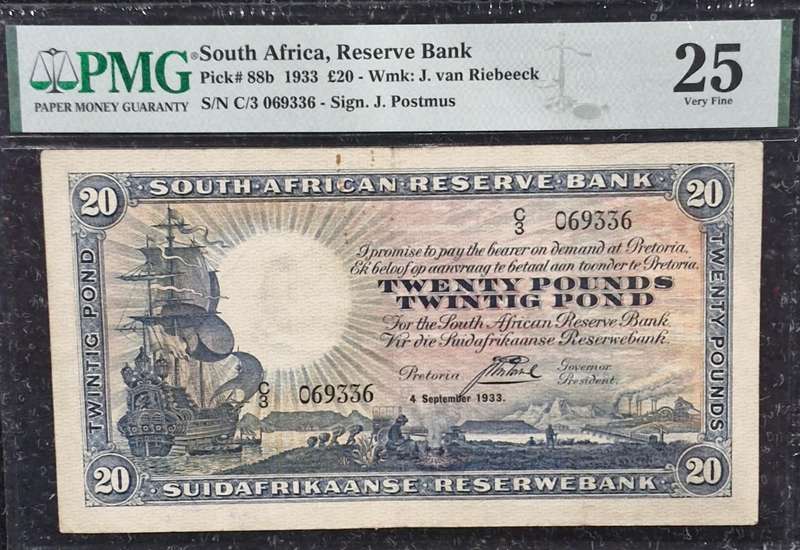 1933 South Africa, 20 Pounds - PMG 25 VF - Rare J. Postmus Signature - Pick # 88b