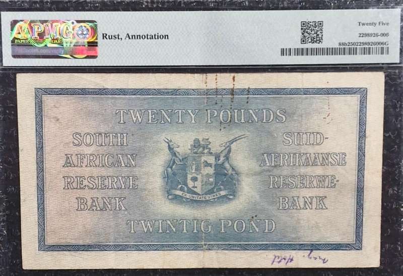 1933 South Africa, 20 Pounds - PMG 25 VF - Rare J. Postmus Signature - Pick # 88b