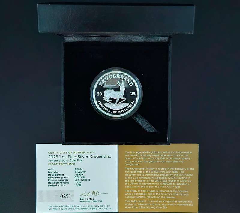 2025 1 oz Silver Krugerrand - Johannesburg Privy
