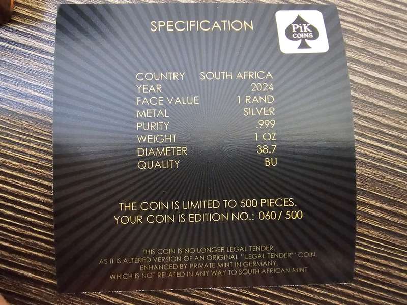 2024 South Africa Krugerrand Black Platinum & Gold Gliding 1 oz Silver