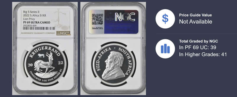 2022 Big 5 Series ll S. Africa 1oz Silver Krugerrand (PF 69 UC, Lion Privy)