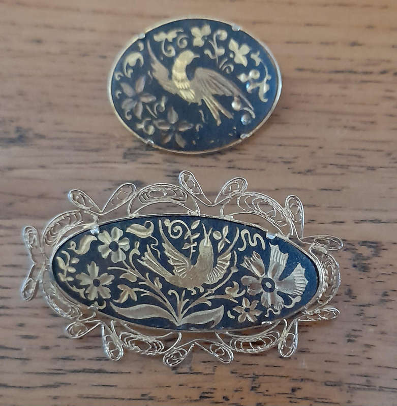 Vintage Damascene Style Brooch x 2