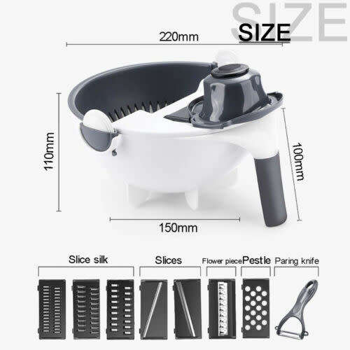 Multifunctional 9 In 1 Magic Rotating Vegetable And Fruit Cutter With Washing Basket