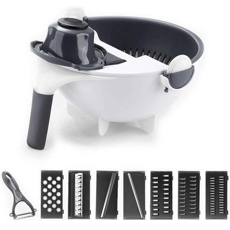 Multifunctional 9 In 1 Magic Rotating Vegetable And Fruit Cutter With Washing Basket