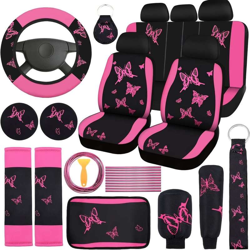 Universal 43 Piece Pink Butterfly Car Seat Cover Set