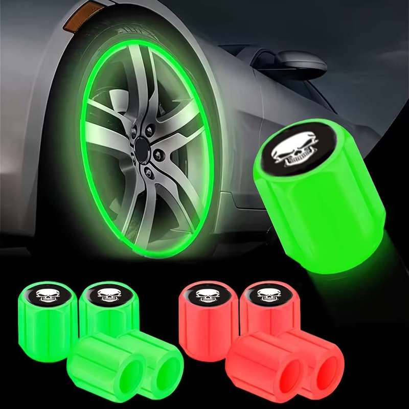 4 New Fluorescent Skull Tire Valve Caps