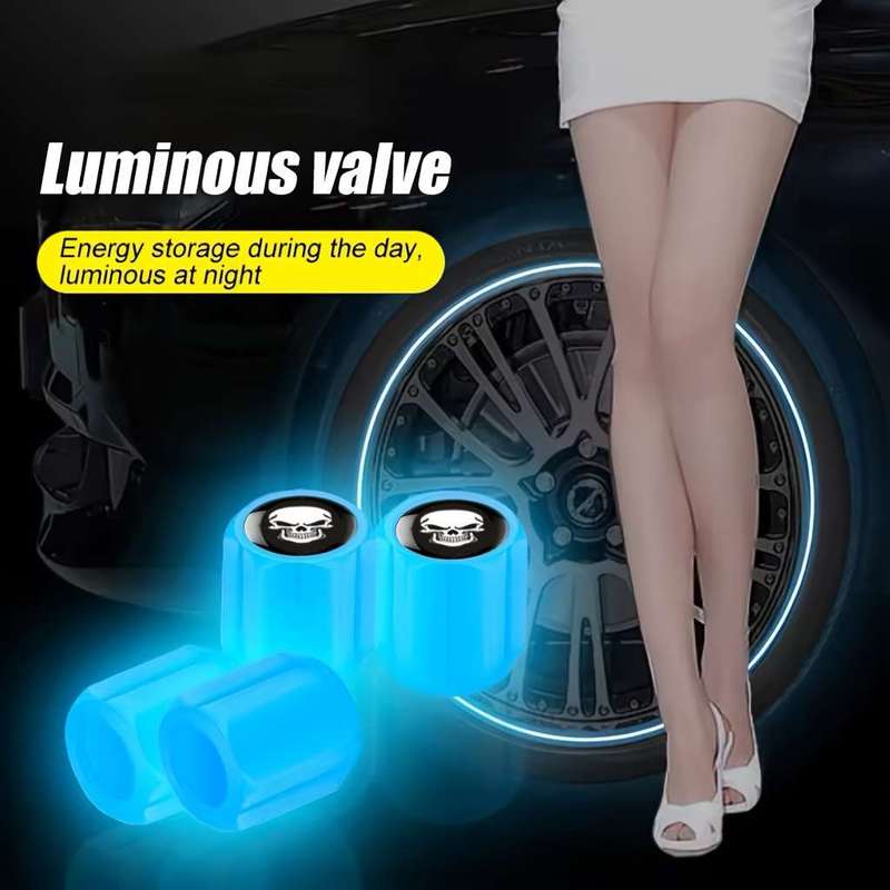 4 New Fluorescent Skull Tire Valve Caps