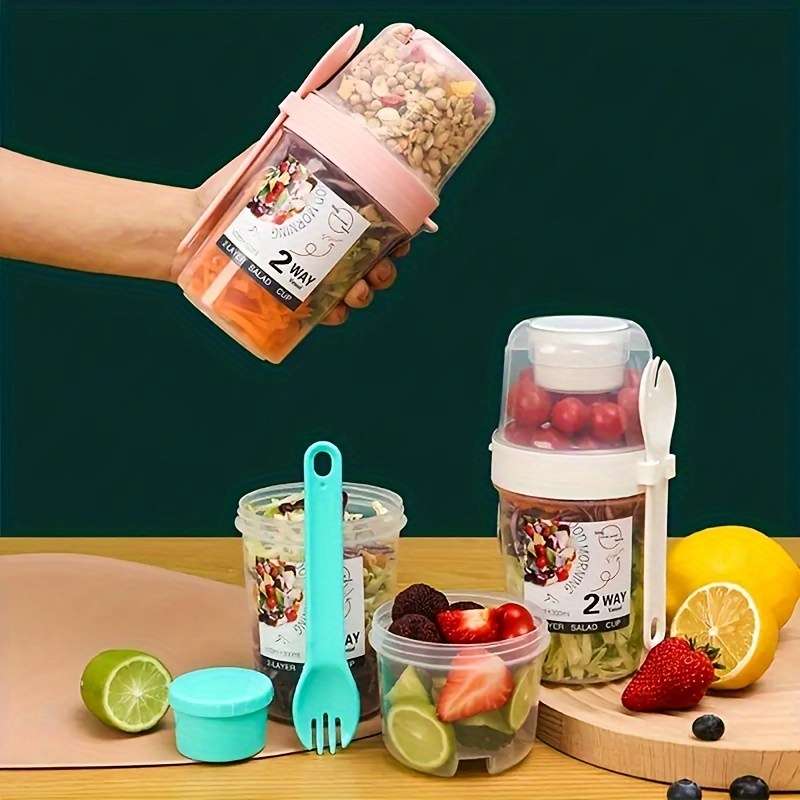 Two-Way Portable Salad Dressing Cup Set With Dressing Container And Fork