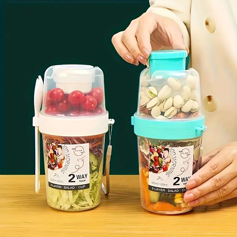 Two-Way Portable Salad Dressing Cup Set With Dressing Container And Fork