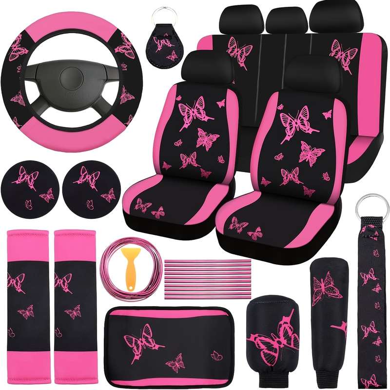 Universal 43 Piece Pink Butterfly Car Seat Cover Set