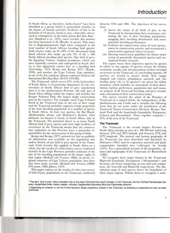 THE STATUS & CONSERVATION OF BIRDS OF PREY IN THE TRANSVAAL