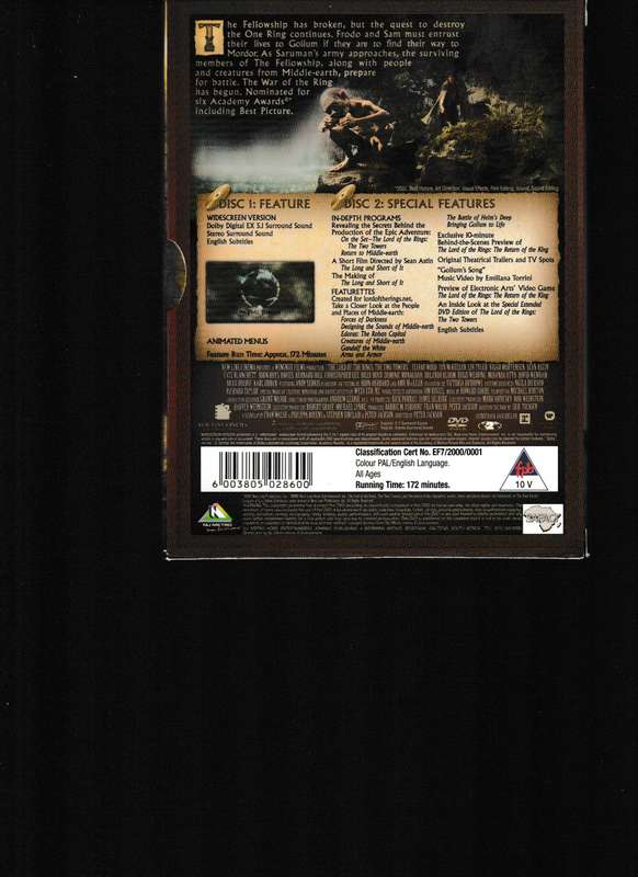 THE LORD OF THE RINGS, THE TWO TOWERS 2 DVD SET