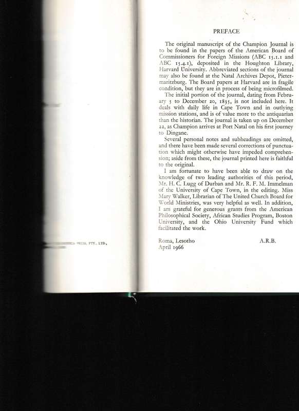 JOURNAL OF THE REV. GEORGE CHAMPION AMERICAN MISSIONARY IN ZULULAND 1835-1839