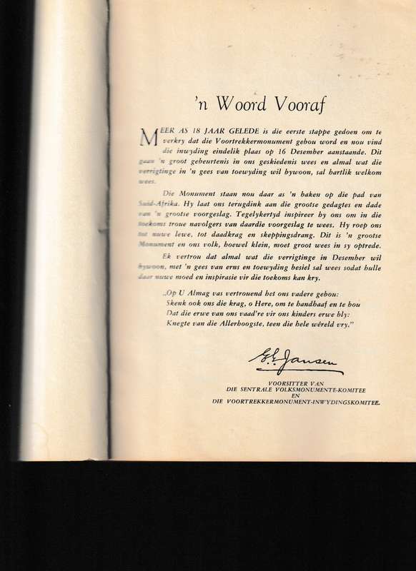 INWYDING VAN DIE VOORTREKKERMONUMENT, AMPTELIKE PROGRAM EN GEDENKBOEK PRETORIA 13-16 DESEMBER 1949