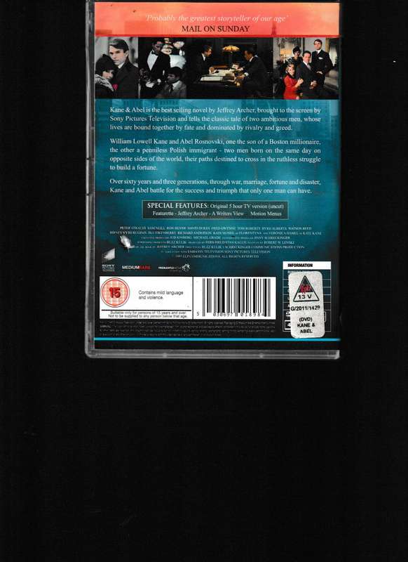 KANE & ABLE COMPLETE MINI SERIES DVD'S, BASED ON THE BEST SELLING NOVEL BY JEFFREY ARCHER