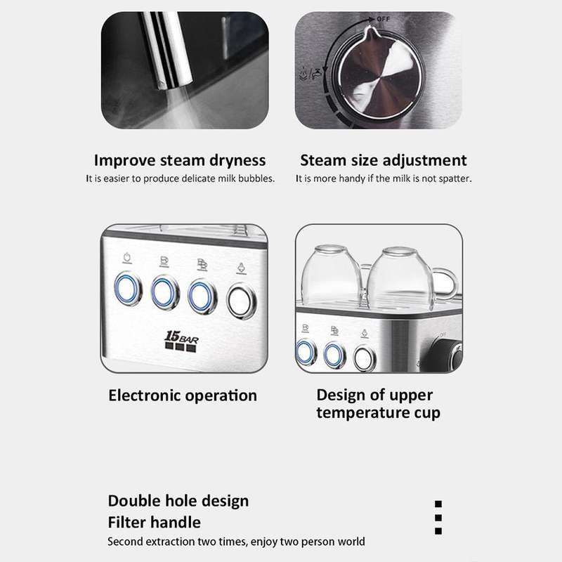 15 Bar Stainless Steel Espresso Coffee Maker with Milk Frother Steam