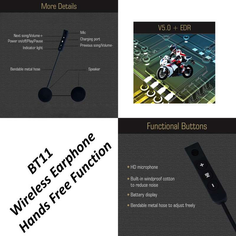Motorbike Intercom Helmet Wireless Bluetooth Headset Hands-Free Function
